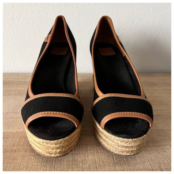Tory Burch | Black Majorca Peep Toe Canvas Wedge | 9 - Picture 12 of 15